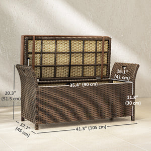 2-In-1 Patio Wicker Storage Bench, 29 Gallon Outdoor PE Rattan Patio Furniture, Large Capacity Rectangle Basket Box with Handles and Cushion, Tan