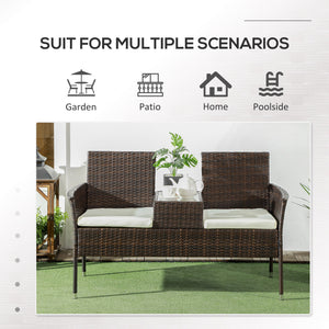 2 Seat Rattan Garden Bench, Patio Wicker Chair with Glass Tea Table, Outdoor Love Seat with Padded Cushions, for Garden, Porch, Poolside, Brown/Cream White