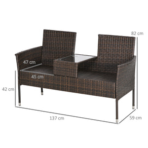 2 Seat Rattan Garden Bench, Patio Wicker Chair with Glass Tea Table, Outdoor Love Seat with Padded Cushions, for Garden, Porch, Poolside, Brown/Cream White