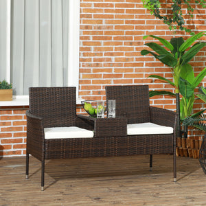 2 Seat Rattan Garden Bench, Patio Wicker Chair with Glass Tea Table, Outdoor Love Seat with Padded Cushions, for Garden, Porch, Poolside, Brown/Cream White