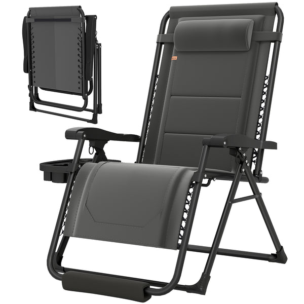 Zero Gravity Lounger Chair, Padded Folding Reclining Patio Chair with Cup Holder, Detachable Headrest, Extra Wide Seat, 400 LBS Capacity for Pool, Camping, Dark Grey