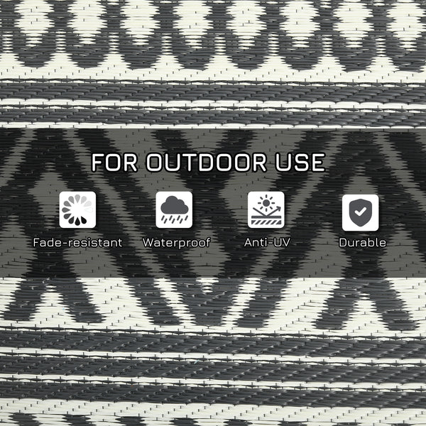 Portable Outdoor Rug with Carry Bag, 9' x 18' Reversible Mat, Waterproof Plastic Straw RV Rug for Backyard, Deck, Picnic, Beach, Camping, Grey and Cream White Boho