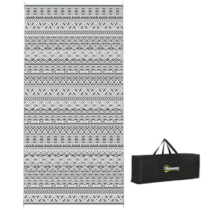 Portable Outdoor Rug with Carry Bag, 9' x 18' Reversible Mat, Waterproof Plastic Straw RV Rug for Backyard, Deck, Picnic, Beach, Camping, Grey and Cream White Boho