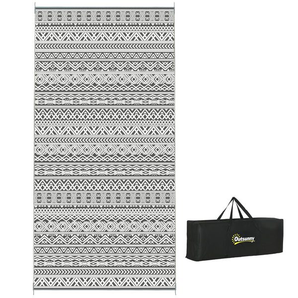 Portable Outdoor Rug with Carry Bag, 9' x 18' Reversible Mat, Waterproof Plastic Straw RV Rug for Backyard, Deck, Picnic, Beach, Camping, Grey and Cream White Boho
