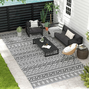 Portable Outdoor Rug with Carry Bag, 9' x 18' Reversible Mat, Waterproof Plastic Straw RV Rug for Backyard, Deck, Picnic, Beach, Camping, Grey and Cream White Boho