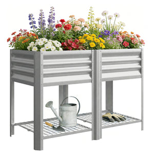 Galvanized Steel Raised Garden Bed, Elevated Planter Box with Legs and Storage Shelf, Raised Planter for Vegetables, Flowers, Herbs, for Outdoor, Patio, Yard, Silver