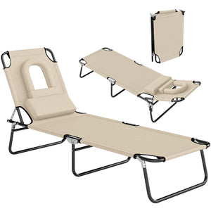 Adjustable Outdoor Lounge Chair, Garden Folding Chaise Lounge with Face Hole Reclining Tanning Chair Seat, Folding Camping Beach Lounging Bed w/ Support Pillow, Beige