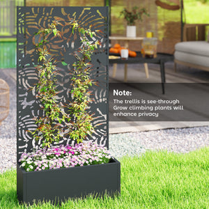 Metal Planter Box with Trellis, 71" Tall Raised Garden Bed with Trellis Privacy Screen and Drainage Holes, Banana-Leaf Cut-Out Outdoor Privacy Planter for Climbing Plants, Vegetables, Vines