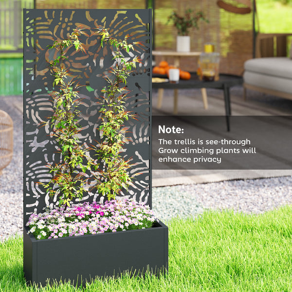 Metal Planter Box with Trellis, 71" Tall Raised Garden Bed with Trellis Privacy Screen and Drainage Holes, Banana-Leaf Cut-Out Outdoor Privacy Planter for Climbing Plants, Vegetables, Vines