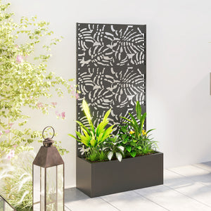 Metal Planter Box with Trellis, 71" Tall Raised Garden Bed with Trellis Privacy Screen and Drainage Holes, Banana-Leaf Cut-Out Outdoor Privacy Planter for Climbing Plants, Vegetables, Vines