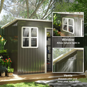 7' x 4' Outdoor Storage Shed, Galvanised Steel Garden Shed with Window, Lockable Wide Door and Air Vents for Outdoor Patio, Dark Grey