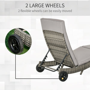 Outdoor PE Rattan Sun Lounger, Wicker Garden Lounger with Cushion, 5-Level Adjustable Backrest, Rolling Sunbed with Wheels for Patio Beach, Grey