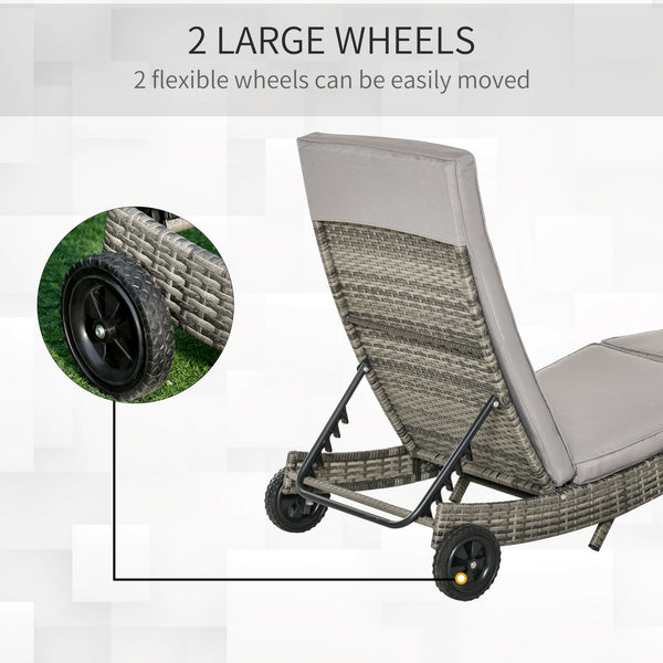 Outdoor PE Rattan Sun Lounger, Wicker Garden Lounger with Cushion, 5-Level Adjustable Backrest, Rolling Sunbed with Wheels for Patio Beach, Grey