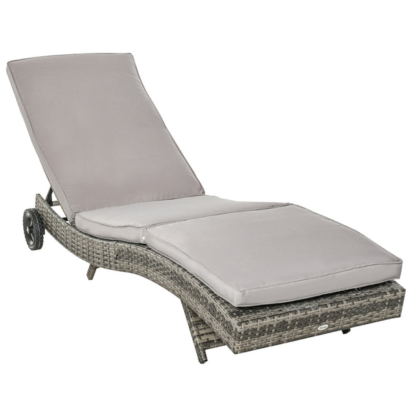 Outdoor PE Rattan Sun Lounger, Wicker Garden Lounger with Cushion, 5-Level Adjustable Backrest, Rolling Sunbed with Wheels for Patio Beach, Grey