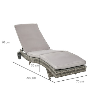 Outdoor PE Rattan Sun Lounger, Wicker Garden Lounger with Cushion, 5-Level Adjustable Backrest, Rolling Sunbed with Wheels for Patio Beach, Grey