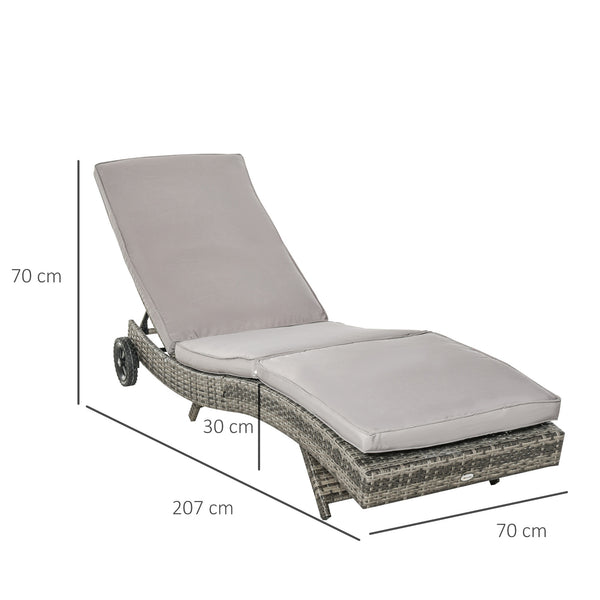 Outdoor PE Rattan Sun Lounger, Wicker Garden Lounger with Cushion, 5-Level Adjustable Backrest, Rolling Sunbed with Wheels for Patio Beach, Grey