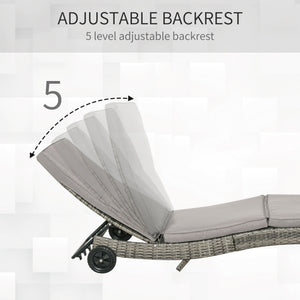Outdoor PE Rattan Sun Lounger, Wicker Garden Lounger with Cushion, 5-Level Adjustable Backrest, Rolling Sunbed with Wheels for Patio Beach, Grey