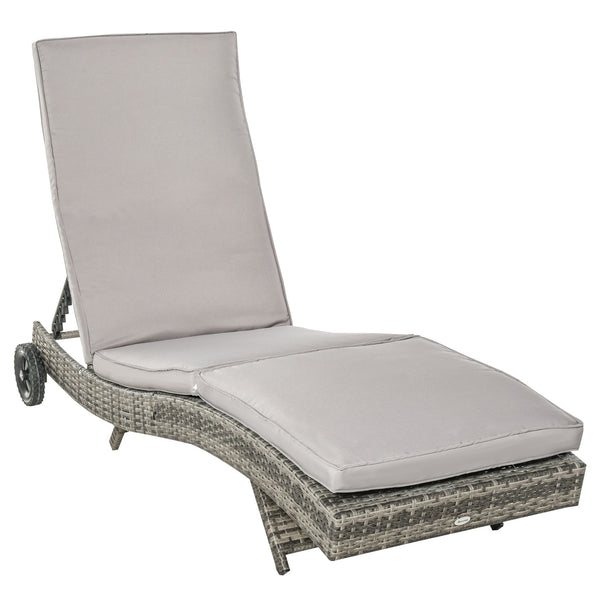 Outdoor PE Rattan Sun Lounger, Wicker Garden Lounger with Cushion, 5-Level Adjustable Backrest, Rolling Sunbed with Wheels for Patio Beach, Grey