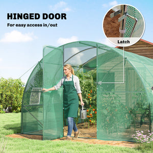 10' x 13' Walk-in Polytunnel Greenhouse with Hinged Door and 8 Roll Up Mesh Windows, Garden Tunnel Warm House Tent with UV-resistant PE Cover, Galvanised Steel Frame, Green