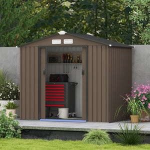 7 x 4ft Metal Garden Shed, Outdoor Storage Tool House with Ventilation Slots, Foundation Kit and Lockable Double Doors, Brown