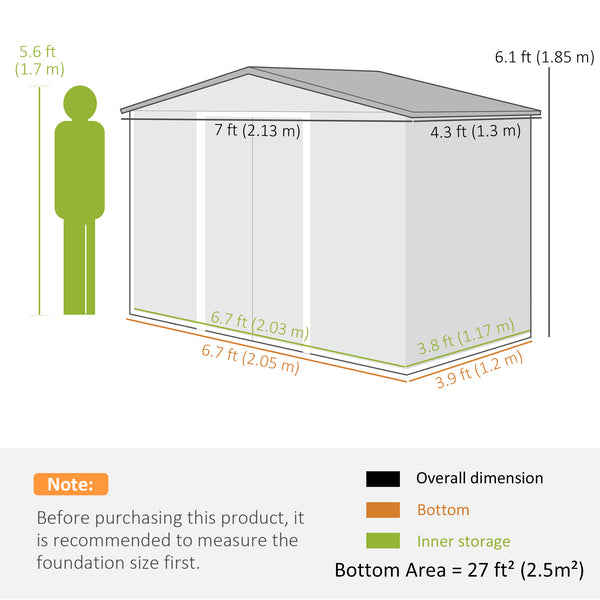 7 x 4ft Metal Garden Shed, Outdoor Storage Tool House with Ventilation Slots, Foundation Kit and Lockable Double Doors, Brown