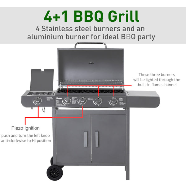 4+1 Burner Gas BBQ Grill, Outdoor Barbecue Trolley with Wheels, Warming Rack, Side Shelves, Cabinet, Thermometer for Garden, Party, Camping, 125 L x 51 W x 100 H cm, Grey