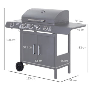 4+1 Burner Gas BBQ Grill, Outdoor Barbecue Trolley with Wheels, Warming Rack, Side Shelves, Cabinet, Thermometer for Garden, Party, Camping, 125 L x 51 W x 100 H cm, Grey