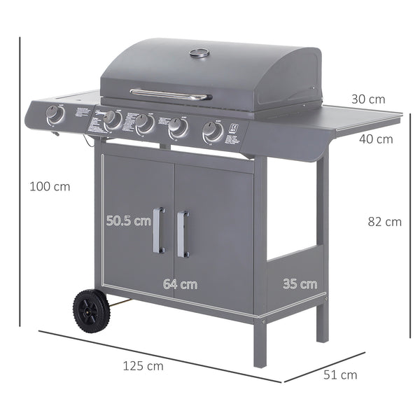 4+1 Burner Gas BBQ Grill, Outdoor Barbecue Trolley with Wheels, Warming Rack, Side Shelves, Cabinet, Thermometer for Garden, Party, Camping, 125 L x 51 W x 100 H cm, Grey