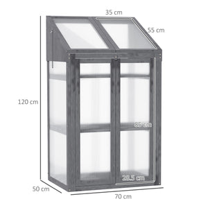 Wooden Cold Frame Polycarbonate Greenhouse with Openable Top Cover and Double Door, Grow House for Flower, Vegetable and Plants, 70 x 50 x 120cm, Grey