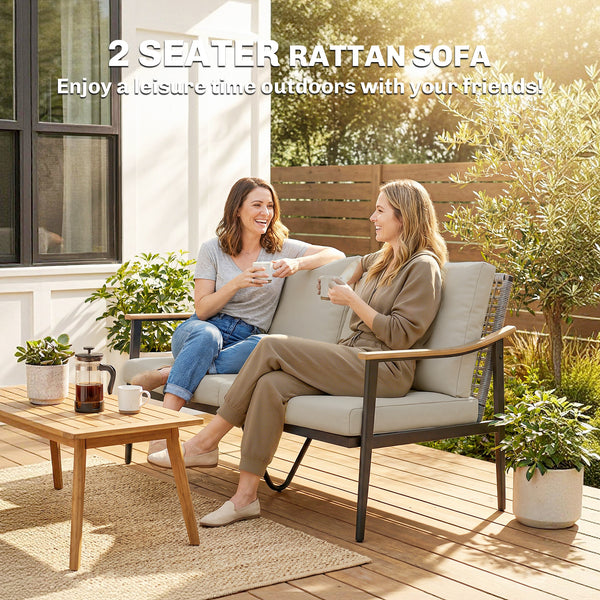 2 Seater Rattan Sofa, Outdoor Garden Sofa with Wood-Effect Armrests, PE Rattan Garden Furniture with Cushions, Steel Frame for Porch, Patio, Balcony, Khaki