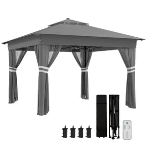 3 x 3(m) Pop Up Gazebo with Sides, 20 Solar-Powered LED Lights, Netting, Roller Bag, 4 Weight Bags, Marquee Party Tent, Height Adjustable Instant Event Shelter, Grey