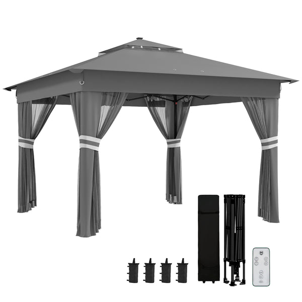 3 x 3(m) Pop Up Gazebo with Sides, 20 Solar-Powered LED Lights, Netting, Roller Bag, 4 Weight Bags, Marquee Party Tent, Height Adjustable Instant Event Shelter, Grey
