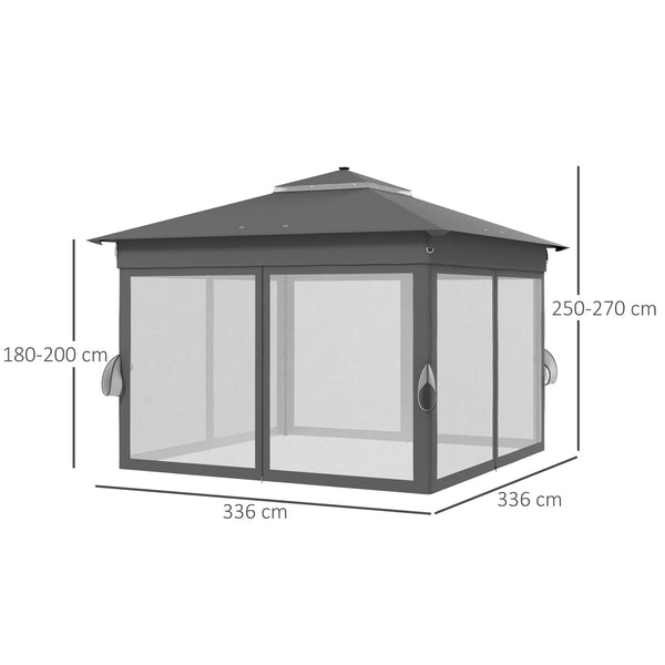 3 x 3(m) Pop Up Gazebo with Sides, 20 Solar-Powered LED Lights, Netting, Roller Bag, 4 Weight Bags, Marquee Party Tent, Height Adjustable Instant Event Shelter, Grey