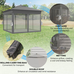 3 x 3(m) Pop Up Gazebo with Sides, 20 Solar-Powered LED Lights, Netting, Roller Bag, 4 Weight Bags, Marquee Party Tent, Height Adjustable Instant Event Shelter, Grey