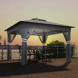 3 x 3(m) Pop Up Gazebo with Sides, 20 Solar-Powered LED Lights, Netting, Roller Bag, 4 Weight Bags, Marquee Party Tent, Height Adjustable Instant Event Shelter, Grey
