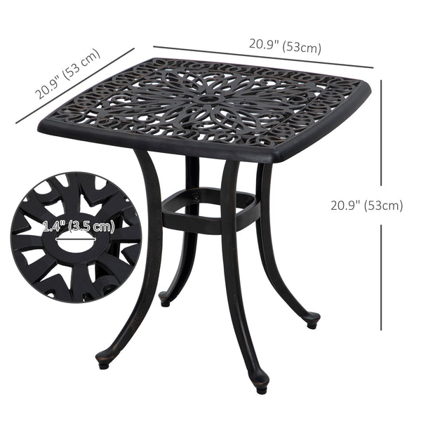 Cast Aluminum Outdoor Side Table, 21" Square Patio End Table with Umbrella Hole, Bistro Table for Garden, Balcony, Poolside, Bronze