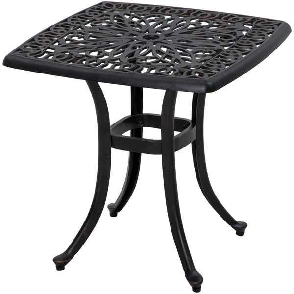 Cast Aluminum Outdoor Side Table, 21" Square Patio End Table with Umbrella Hole, Bistro Table for Garden, Balcony, Poolside, Bronze