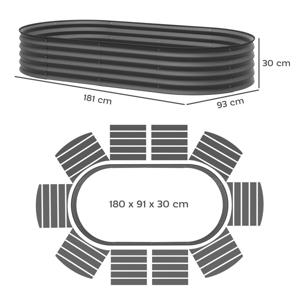 Set of 2 Raised Beds for Garden, Outdoor Galvanised Planter Box with Plant Support Stakes, Rubber Strap Edging and Bottomless for Flower, Vegetable, 181 x 93 x 30 cm, Dark Grey