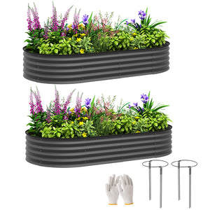 Set of 2 Raised Beds for Garden, Outdoor Galvanised Planter Box with Plant Support Stakes, Rubber Strap Edging and Bottomless for Flower, Vegetable, 181 x 93 x 30 cm, Dark Grey