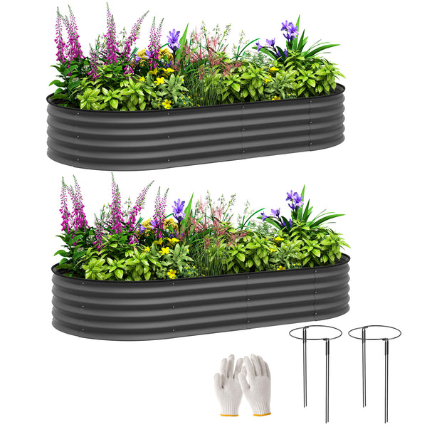 Set of 2 Raised Beds for Garden, Outdoor Galvanised Planter Box with Plant Support Stakes, Rubber Strap Edging and Bottomless for Flower, Vegetable, 181 x 93 x 30 cm, Dark Grey