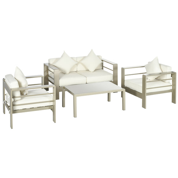 4 Pieces Outdoor Garden Furniture Set, Aluminium Frame Backyard Furniture w/ Thick Padded Cushioned Loveseat, 2 Chairs, and Glass Top Table, Champagne Gold