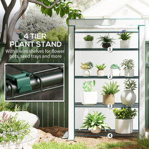4 Tier Lean-to Mini Greenhouse with Reinforced PE Cover, Portable Small Greenhouse with Roll-Up Door, Green Hemmed Edging, 110 x 50 x 171cm, Green