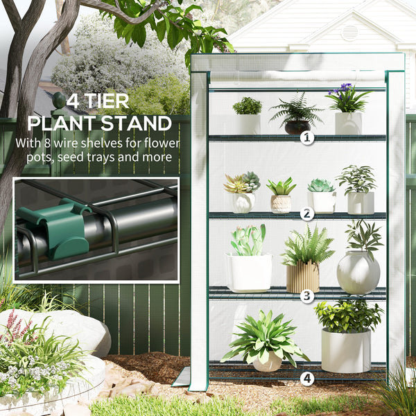 4 Tier Lean-to Mini Greenhouse with Reinforced PE Cover, Portable Small Greenhouse with Roll-Up Door, Green Hemmed Edging, 110 x 50 x 171cm, Green