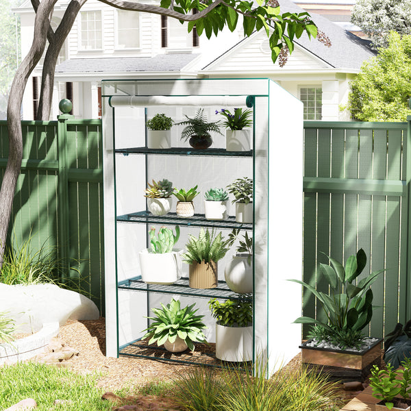 4 Tier Lean-to Mini Greenhouse with Reinforced PE Cover, Portable Small Greenhouse with Roll-Up Door, Green Hemmed Edging, 110 x 50 x 171cm, Green