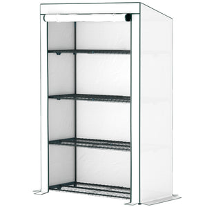 4 Tier Lean-to Mini Greenhouse with Reinforced PE Cover, Portable Small Greenhouse with Roll-Up Door, Green Hemmed Edging, 110 x 50 x 171cm, Green