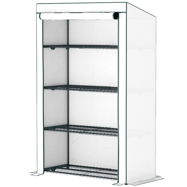 4 Tier Lean-to Mini Greenhouse with Reinforced PE Cover, Portable Small Greenhouse with Roll-Up Door, Green Hemmed Edging, 110 x 50 x 171cm, Green