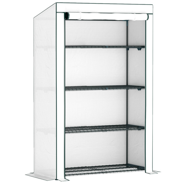 4 Tier Lean-to Mini Greenhouse with Reinforced PE Cover, Portable Small Greenhouse with Roll-Up Door, Green Hemmed Edging, 110 x 50 x 171cm, Green