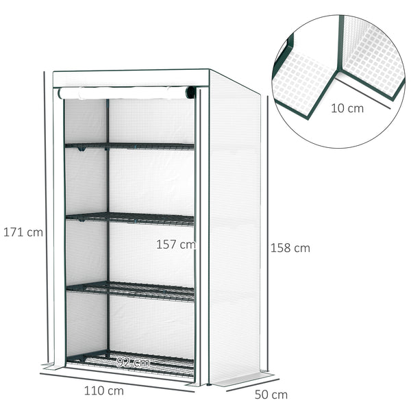 4 Tier Lean-to Mini Greenhouse with Reinforced PE Cover, Portable Small Greenhouse with Roll-Up Door, Green Hemmed Edging, 110 x 50 x 171cm, Green