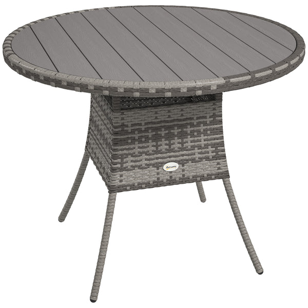 90 cm Outdoor Dining Table, PE Rattan Patio Table with Wood-plastic Composite Top for Balcony, Garden, Grey