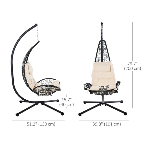 Outdoor Patio Wicker Hanging Egg Chair with Stand, Hammock Swing Chair with Cushion and Pillow, swing Chair with Stand, Cup Holder for Backyard, Garden, Porch, Beige